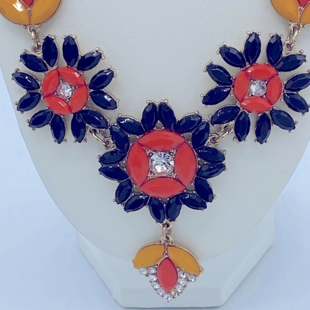 J Crew Gold Tone Multi Strand Necklace With Orange, Black And Yellow Rhinestones - Picture 2 of 10